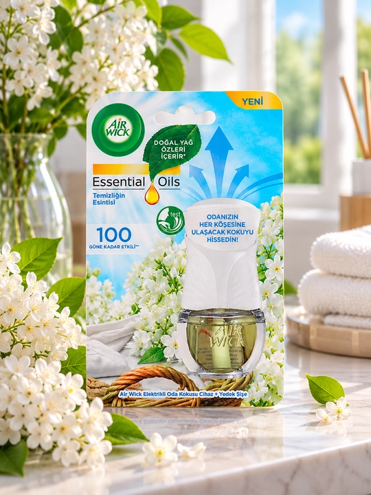 Air Wick almashtiriladigan shishali aromali moyli diffuzer "Zig'irning salqinligi va lilakning yangiligi", 19 ml