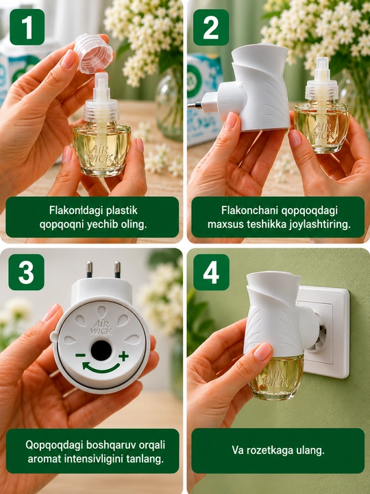 Air Wick almashtiriladigan shishali aromali moyli diffuzer "Zig'irning salqinligi va lilakning yangiligi", 19 ml