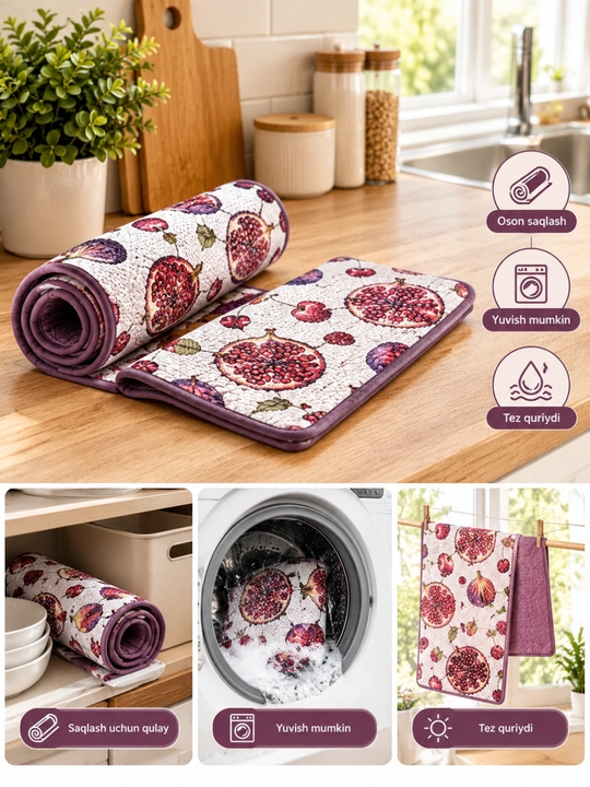 Idish quritish uchun mikrofibra gilamcha 50×90 sm, suv shimuvchi oshxona tagligi
