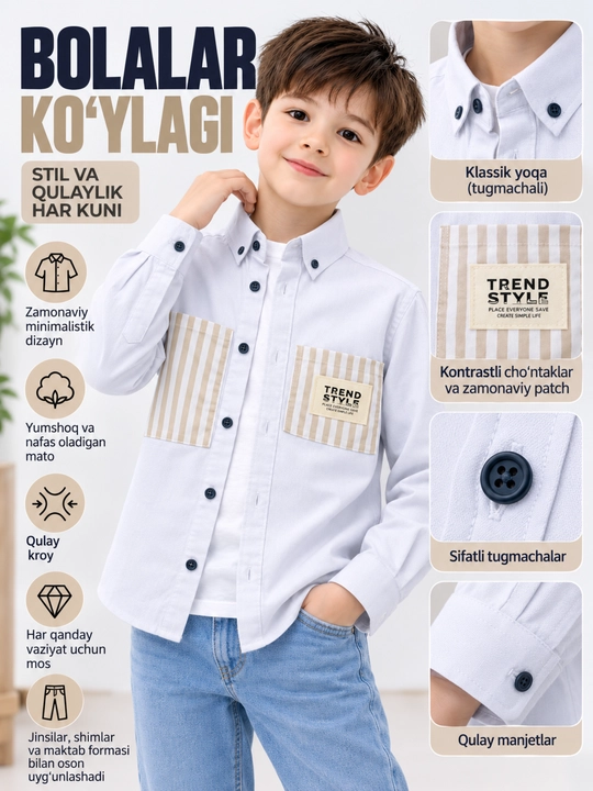 Bog`cha yoshidagi bolalar uchun yengi uzun ko`ylak, tor fason, bahor-kuz