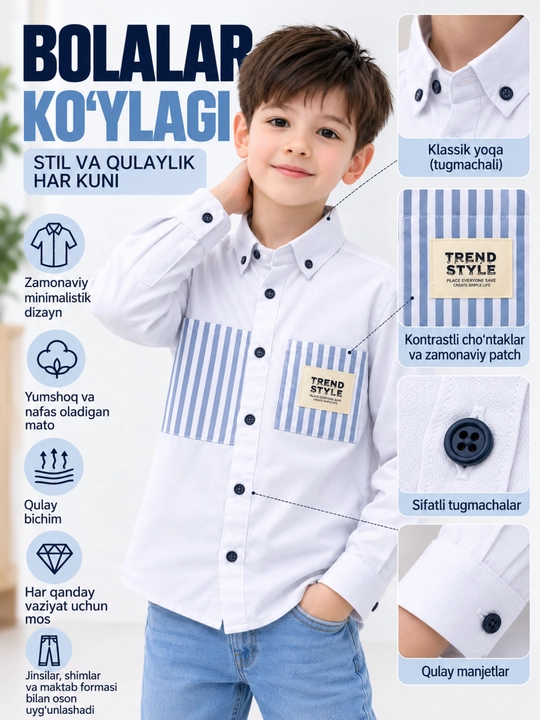 Bog`cha yoshidagi bolalar uchun yengi uzun ko`ylak, tor fason, bahor-kuz