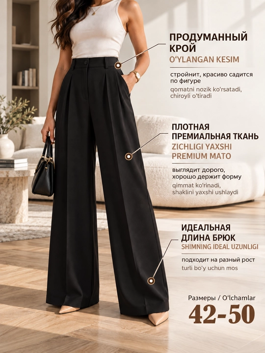 Ayollar uchun klassik palazzo shim, taxlamali, baland bel
