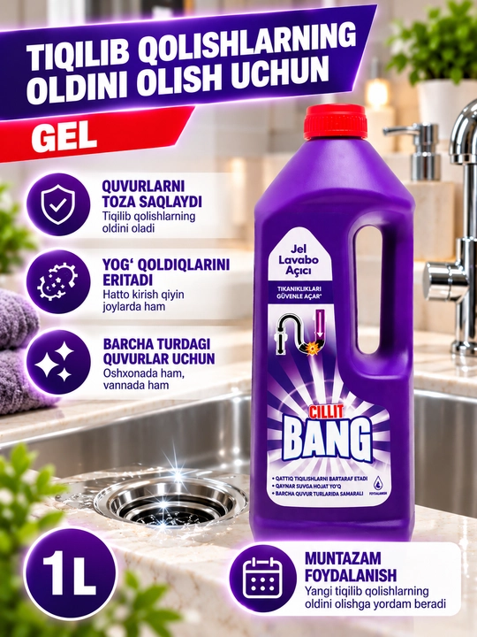 Kanalizatsiya quvurlaridagi tiqinlarni olib tashlash uchun gel CILLIT BANG, 1l