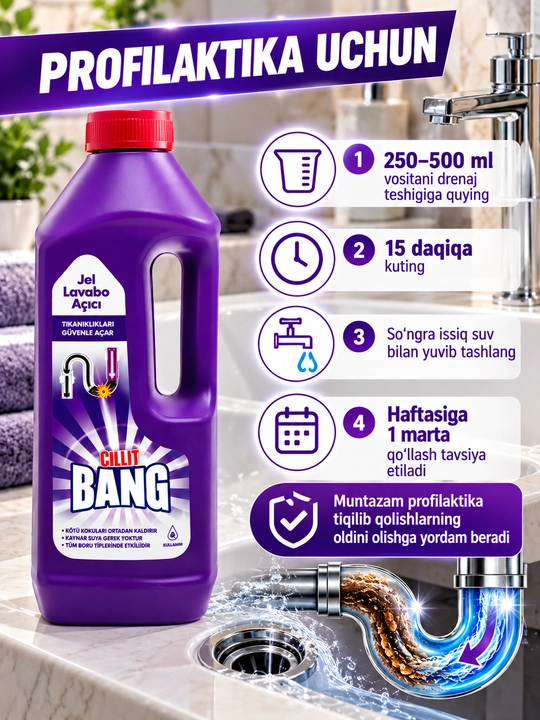 Kanalizatsiya quvurlaridagi tiqinlarni olib tashlash uchun gel CILLIT BANG, 1l