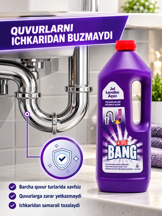 Kanalizatsiya quvurlaridagi tiqinlarni olib tashlash uchun gel CILLIT BANG, 1l