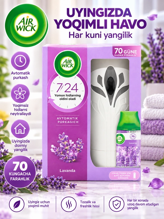 Airwick avtomatik aerozolli havo spreyi "Lavanda dalalari", 250ml