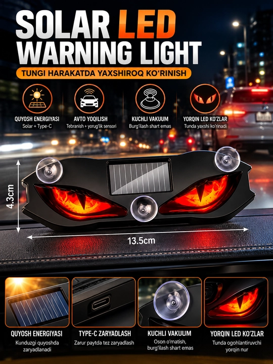 Avtomobil uchun LED yonuvchi ko‘z, quyosh energiyasida va USB orqali quvvatlanadigan