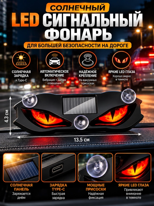 Avtomobil uchun LED yonuvchi ko‘z, quyosh energiyasida va USB orqali quvvatlanadigan - 