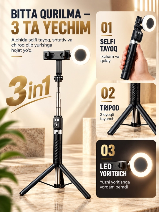 Selfi tayoqcha tripod 170 sm, LED chiroqli, Bluetooth pultli, telefon uchun