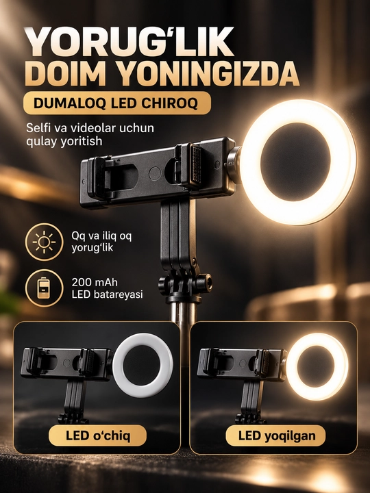 Selfi tayoqcha tripod 170 sm, LED chiroqli, Bluetooth pultli, telefon uchun