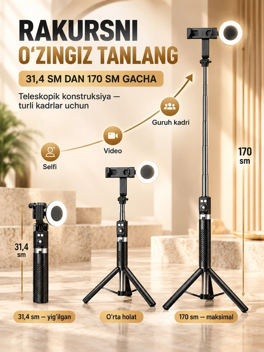Selfi tayoqcha tripod 170 sm, LED chiroqli, Bluetooth pultli, telefon uchun