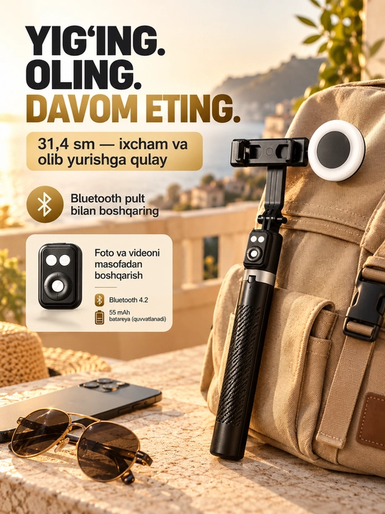 Selfi tayoqcha tripod 170 sm, LED chiroqli, Bluetooth pultli, telefon uchun