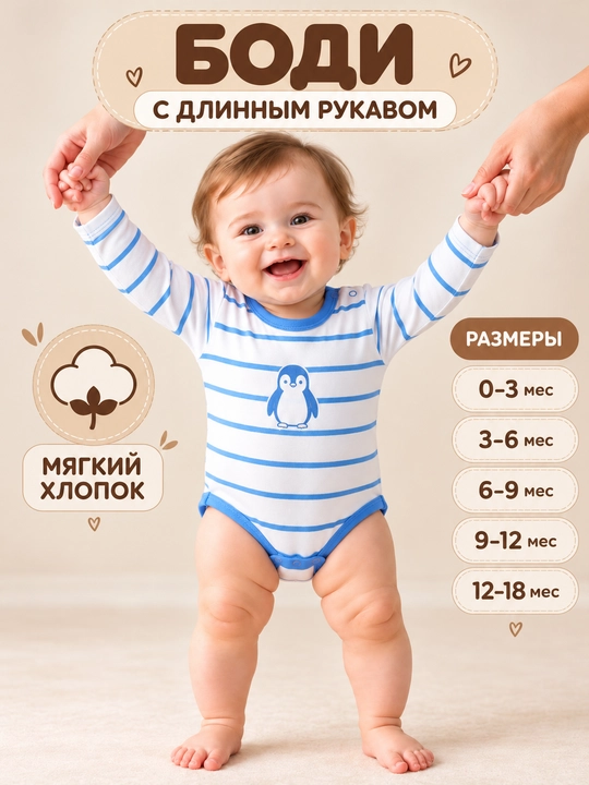 Хлопковое боди с длинным рукавом для малышей
