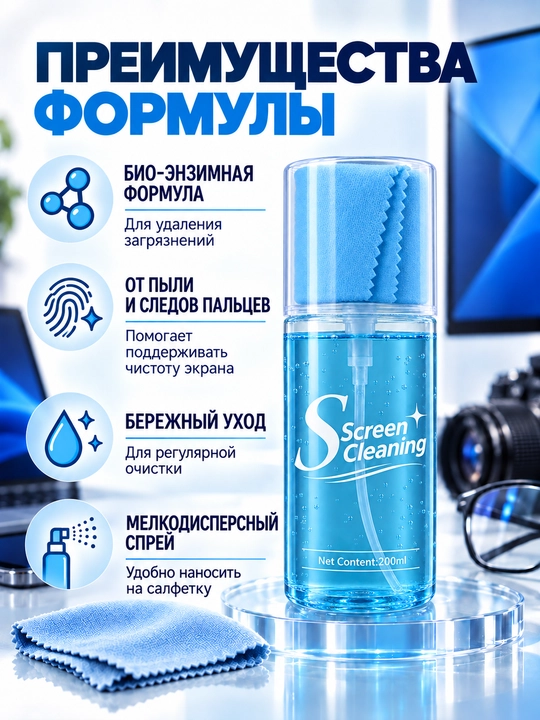 Спрей для очистки экранов и мониторов, средство для ухода за гаджетами, 200 мл