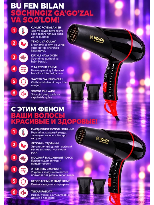 Профессиональный фен  BS-9900 8000W, 2 насадки, режим горячего и холодного воздуха