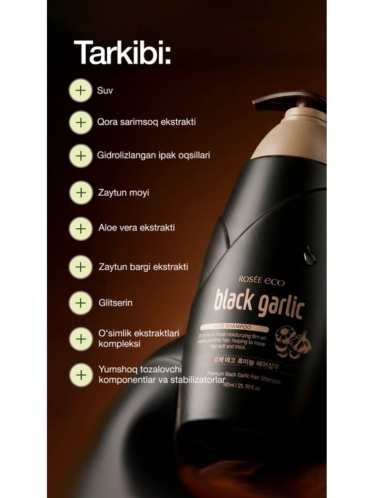 Qora sarimsoqli shampun Rosee Eco Black Garlic Premium Hair Shampoo, 760 ml