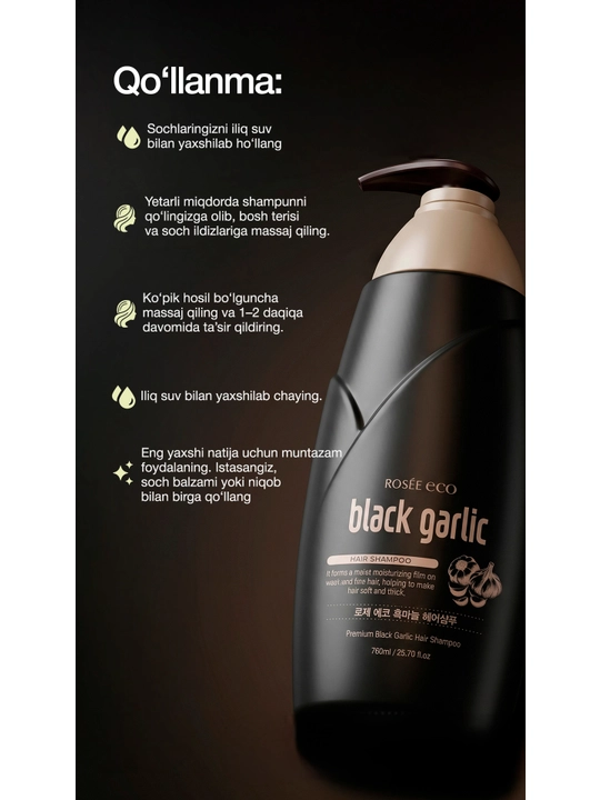 Qora sarimsoqli shampun Rosee Eco Black Garlic Premium Hair Shampoo, 760 ml