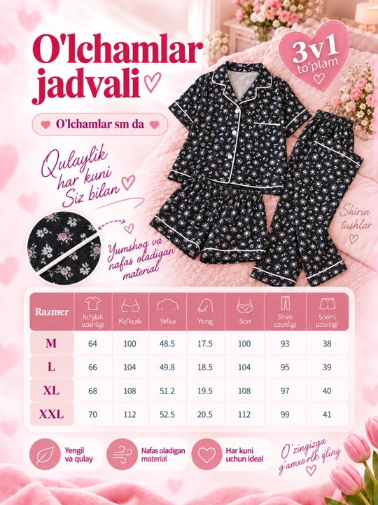 Ayollar pijamasi 3 tasi 1 da, barcha mavsum uchun: ko‘ylak, shim va shortik, uy kiyimi