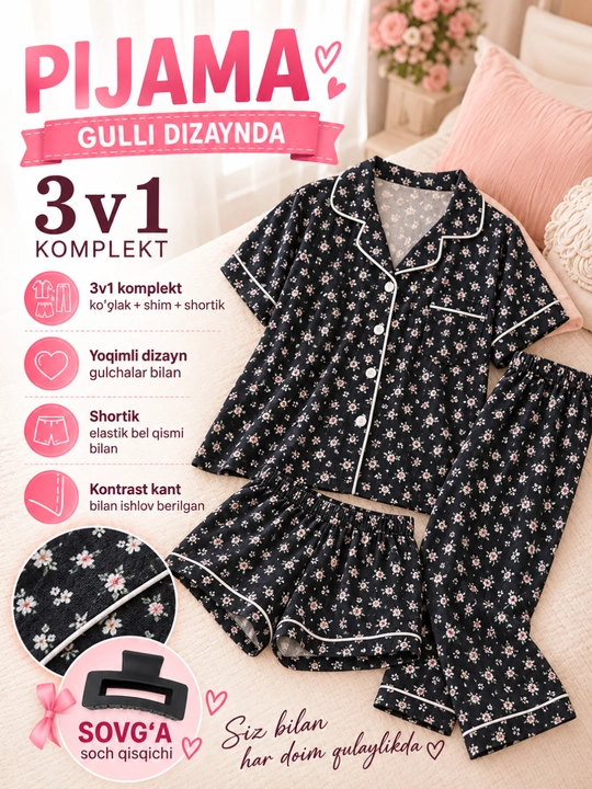 Ayollar pijamasi 3 tasi 1 da, barcha mavsum uchun: ko‘ylak, shim va shortik, uy kiyimi