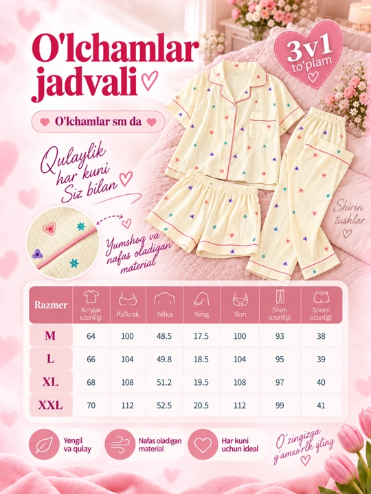 Ayollar pijamasi 3 tasi 1 da, barcha mavsum uchun: ko‘ylak, shim va shortik, uy kiyimi
