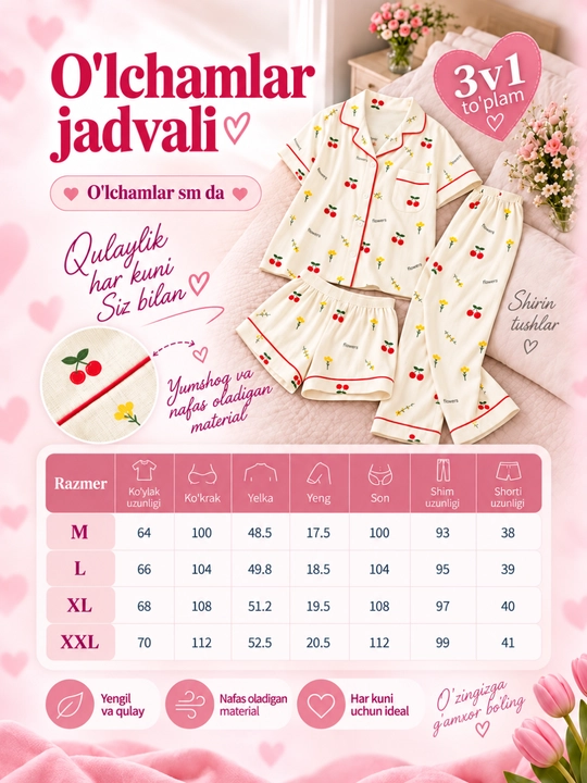 Ayollar pijamasi 3 tasi 1 da, barcha mavsum uchun: ko‘ylak, shim va shortik, uy kiyimi