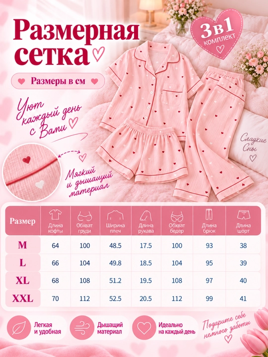 Ayollar pijamasi 3 tasi 1 da, barcha mavsum uchun: ko‘ylak, shim va shortik, uy kiyimi