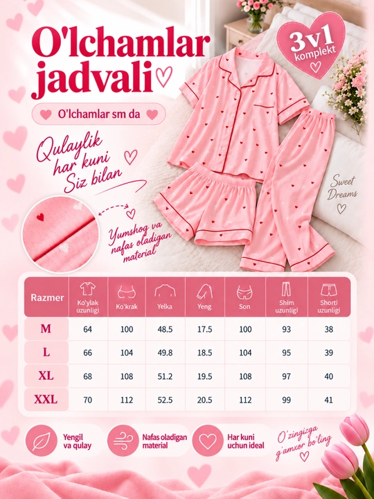 Ayollar pijamasi 3 tasi 1 da, barcha mavsum uchun: ko‘ylak, shim va shortik, uy kiyimi