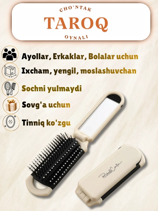 Taroq, Buklanadigan oyna taroq, ayollar uchun, choʻntak, soch uchun, sumka taroq