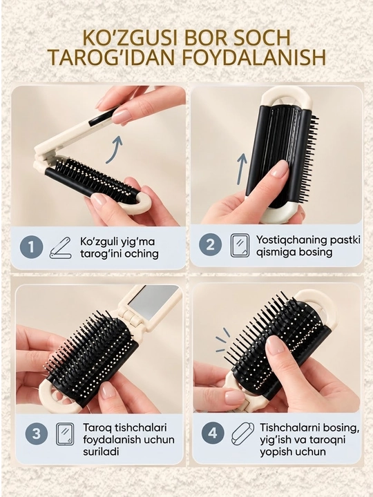 Taroq, Buklanadigan oyna taroq, ayollar uchun, choʻntak, soch uchun, sumka taroq