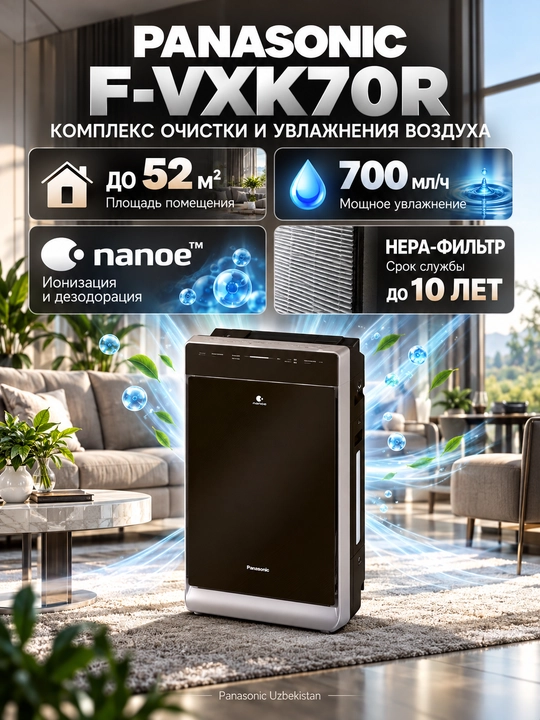 Panasonic F-VXK70 havo tozalagich va namlagich, 52 m² gacha HEPA filtr Econavi 700 ml/soat - 