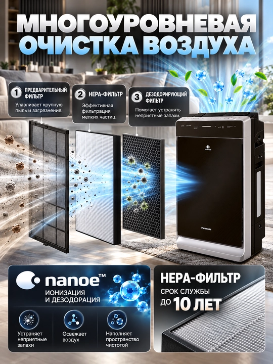 Panasonic F-VXK70 havo tozalagich va namlagich, 52 m² gacha HEPA filtr Econavi 700 ml/soat