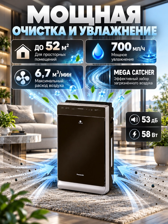 Panasonic F-VXK70 havo tozalagich va namlagich, 52 m² gacha HEPA filtr Econavi 700 ml/soat