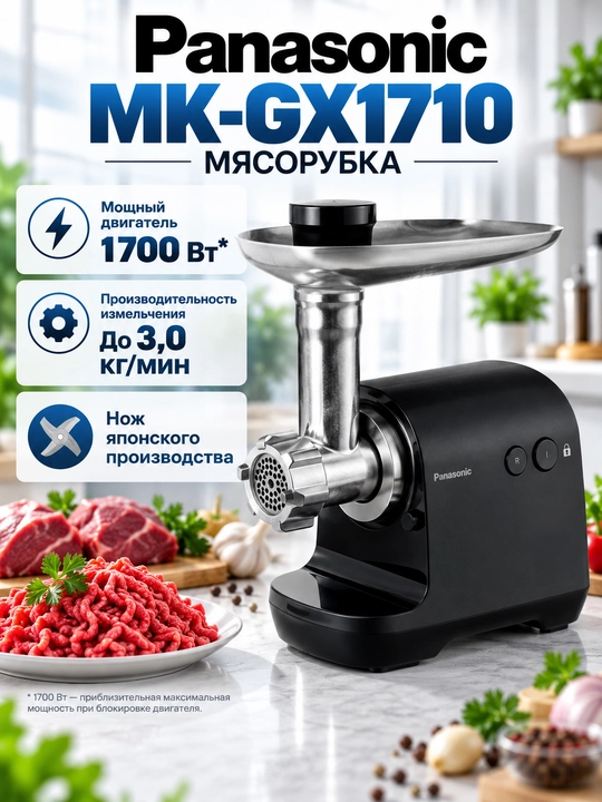 Panasonic MK-GX1710 elektr go‘sht maydalagich 1700 W, revers, kebbe va kolbasa nasadkalari - 