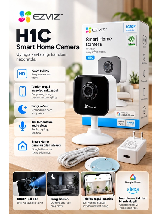 Uy uchun Wi-Fi IP kuzatuv kamerasi 1080P Full HD, tungi ko‘rish, mikrofonli - 