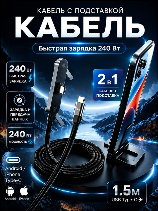 Type-C kabel telefon tagligi bilan, 240W, 1.5 metr, tez zaryadlash va ma’lumot uzatish - 
