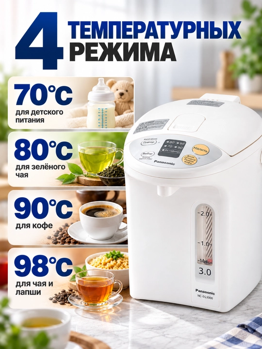 Термопот Panasonic NC-EG3000, 3 л, 700 Вт, 4 температуры, таймер 6 ч