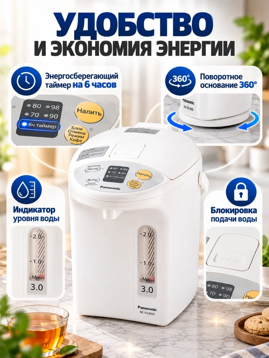 Термопот Panasonic NC-EG3000, 3 л, 700 Вт, 4 температуры, таймер 6 ч