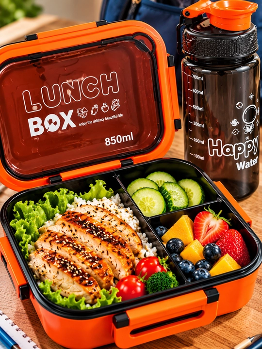 Lunch Box 850 ml, 3 bo‘limli ovqat idishi va 700 ml suv butilkasi bilan, oq-qora to‘plam