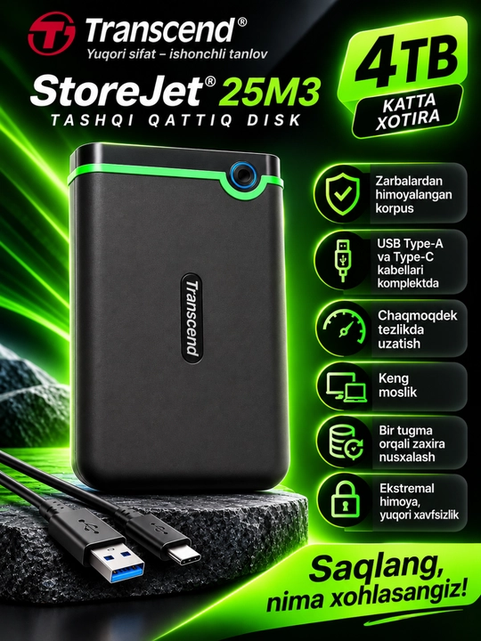 Tashqi qattiq disk, HDD Transcend StoreJet 25M3, 1ТБ, 2ТБ, 4ТБ USB 3.0 - 