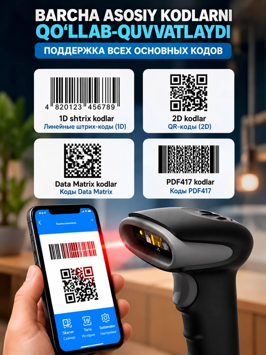 Shtrix-kod va QR kod skaneri 1d / 2D simsiz Bluetooth / 2.4 g / USB, qo'lda