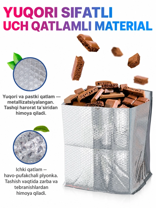 Oziq-ovqat uchun termopaketlar 10 dona, yelimli klapanli mahsulotlar uchun termopaketlar, to‘plamlar