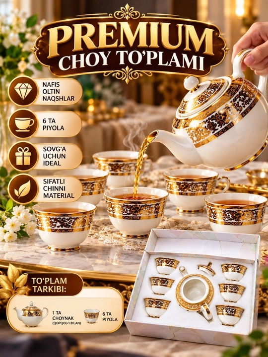 Oltin naqshli choy servisi, choynak va 6 ta piyola, sovg‘a qutisida - 