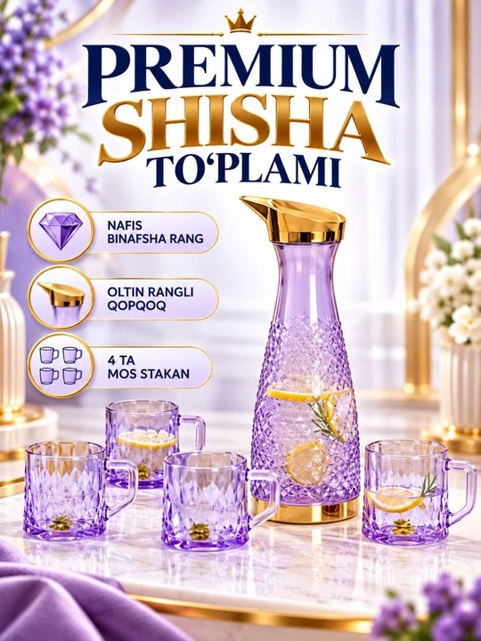 Suv va ichimliklar uchun shisha to‘plam, shishali grafin to'plami - 