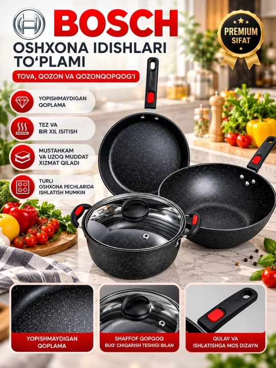 Toplam , BOSCH oshxona idishlari to‘plami, tova va qozon, ovqat pishirish uchun - 