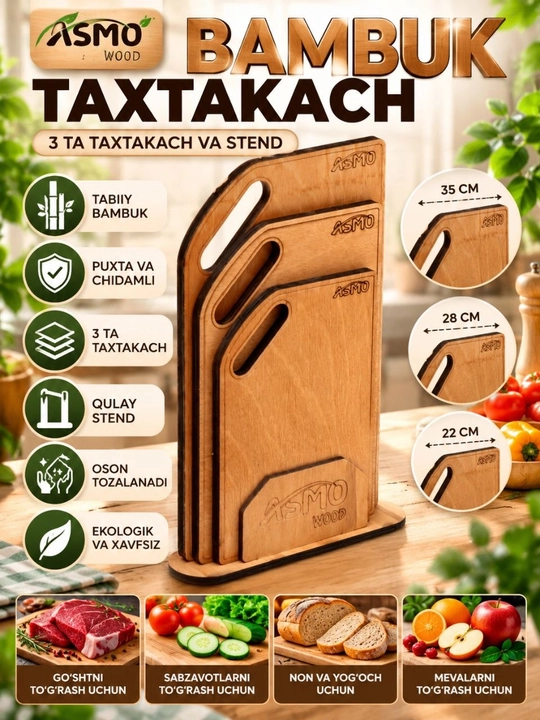 Taxtakach bombuk, yog'och, sabzavot, go‘sht va mevalarni to‘g‘rash uchun bambuk taxtakach - 