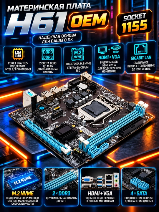 Материнская плата H61 OEM, DDR3, сокет 1155, поддержка M.2 NVME, VGA, HDMI
