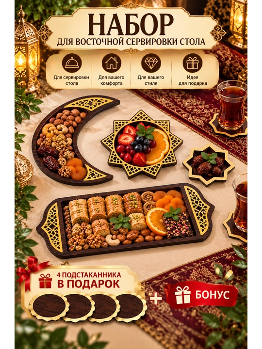 Восточный набор для сервировки, 4 предмета и 4 подстаканника в подарок - 