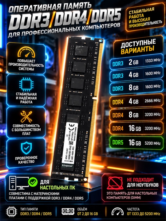 Operativ xotira DDR3,4,5 1333, 1600, 2666, 3200, 5600 MHz, Kingston OEM, qora rang - 