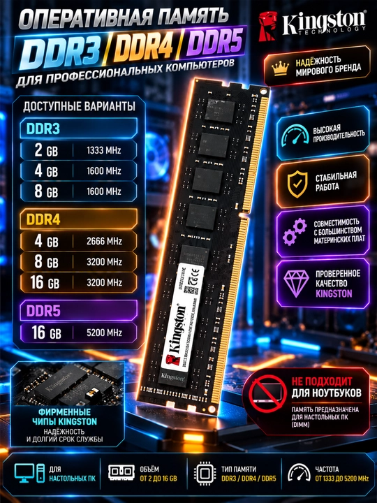 Operativ xotira DDR3,4,5 1333, 1600, 2666, 3200, 5600 MHz, Kingston OEM, qora rang