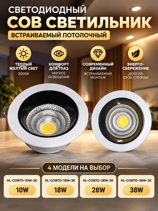 Yorug‘lik diodli nuqtaviy yoritgich SOB, sariq chiroq, 10Vt/18Vt/28Vt/38Vt - 